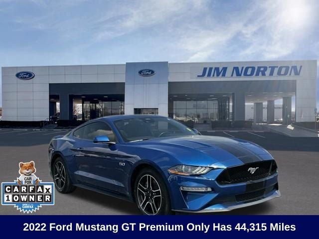 2022 Ford Mustang GT Premium in Atlas Blue Metallic — front three-quarter view