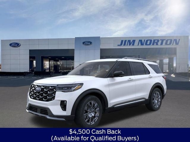 2026 Ford Explorer Platinum in White Metallic — front three-quarter view