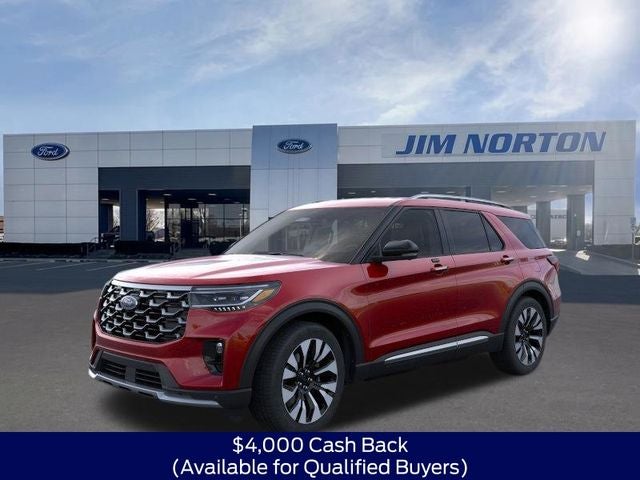 2026 Ford Explorer Platinum in Red Metallic — front three-quarter view